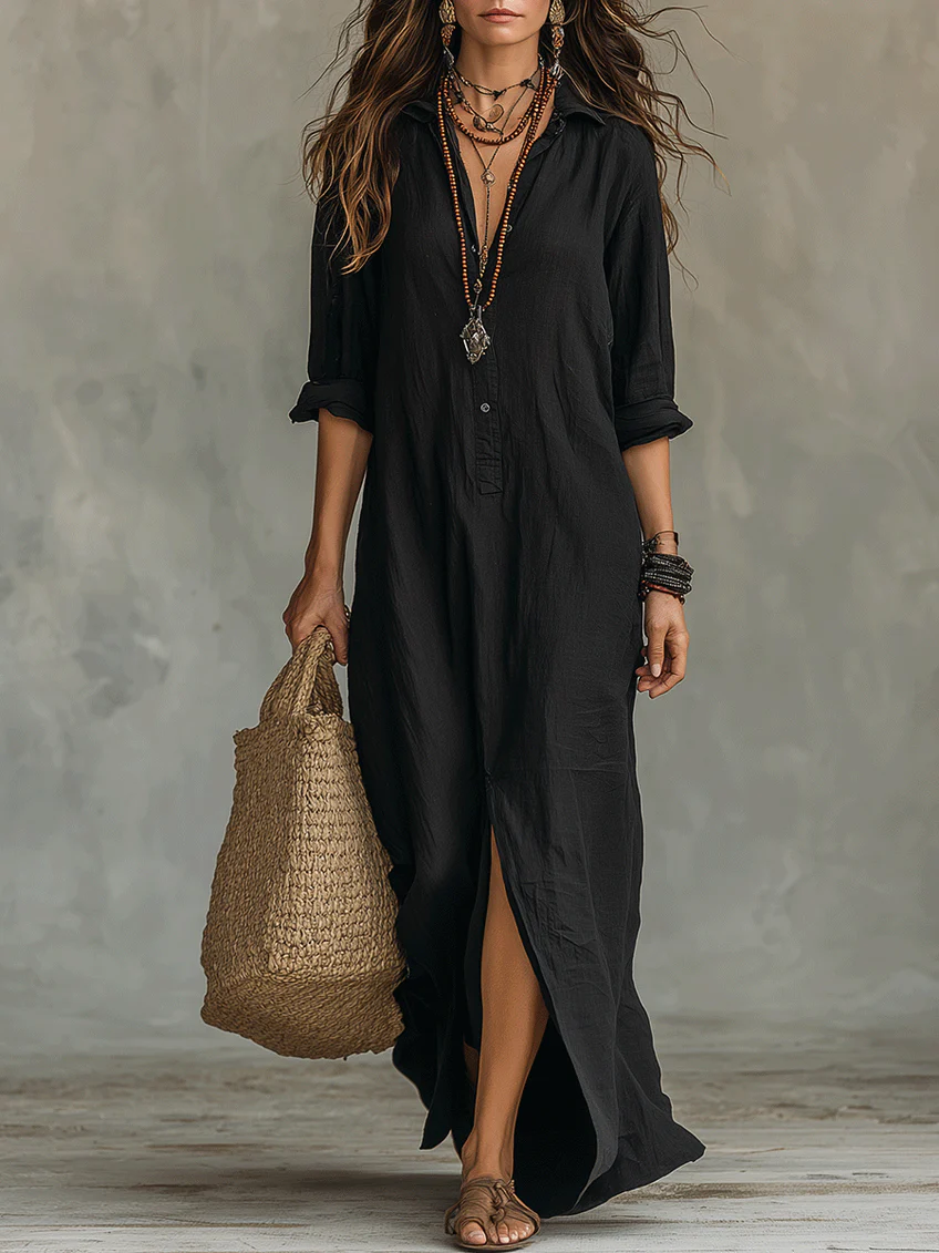 Melanie | Vestido Maxi Negro con Botones