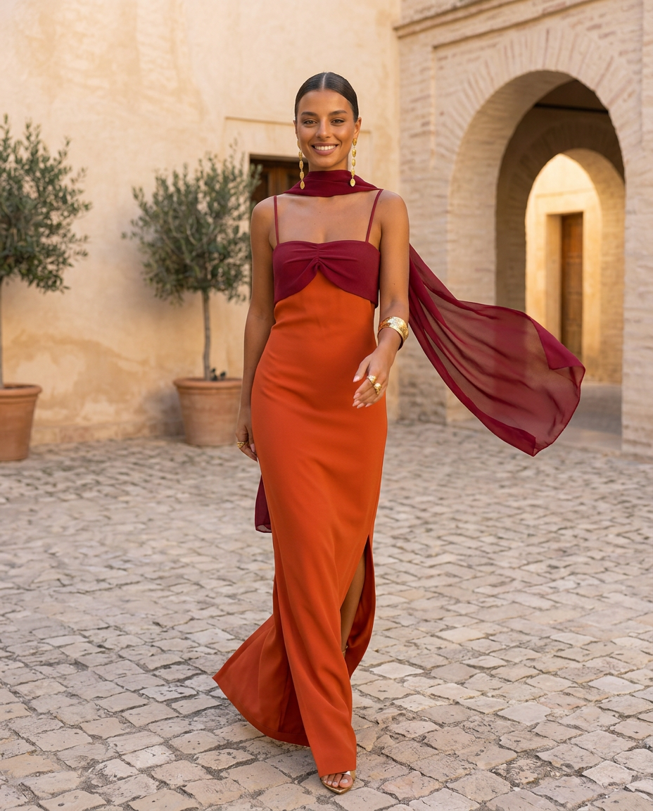 Vestido Largo Bicolor con Escote Fruncido